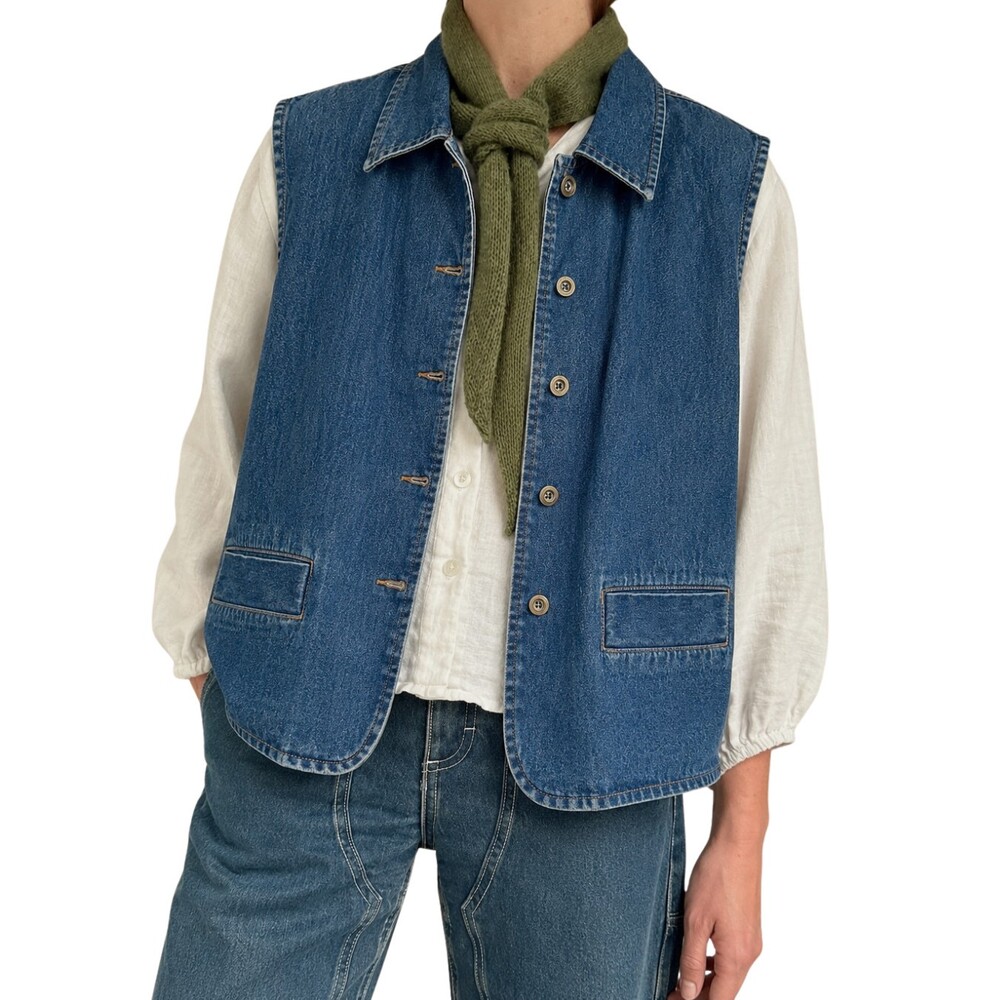 Vintage Denim Button Front Vest LARGE Fisherman Coastal Americana Chore Vest